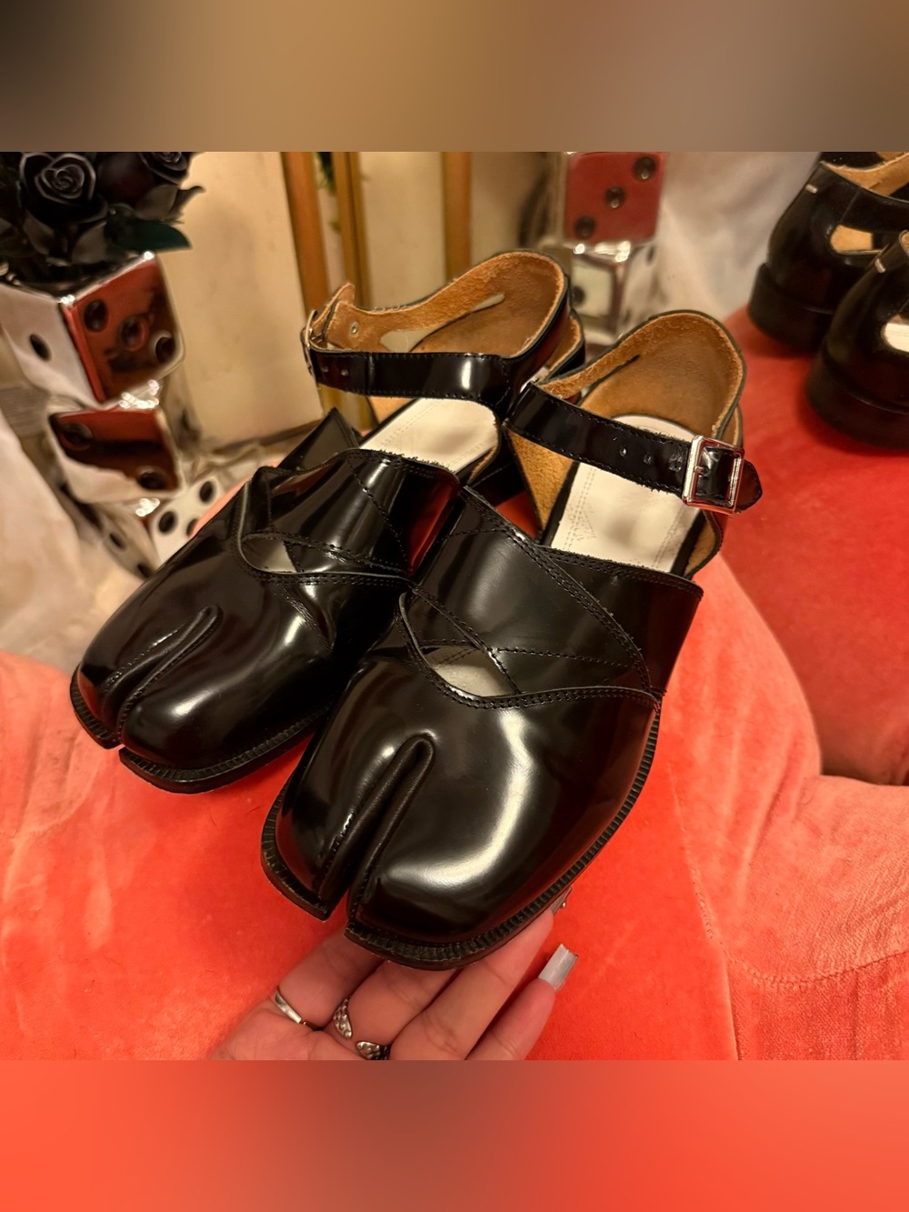 Maison Martin Margiela Black Patent Tabi Cross Strap Mary Jane Sandal